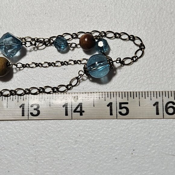 Elegant Beaded Bronze Chain Double Strand Necklace Blue Glass Wooden Beads Women - Picture 6 of 6